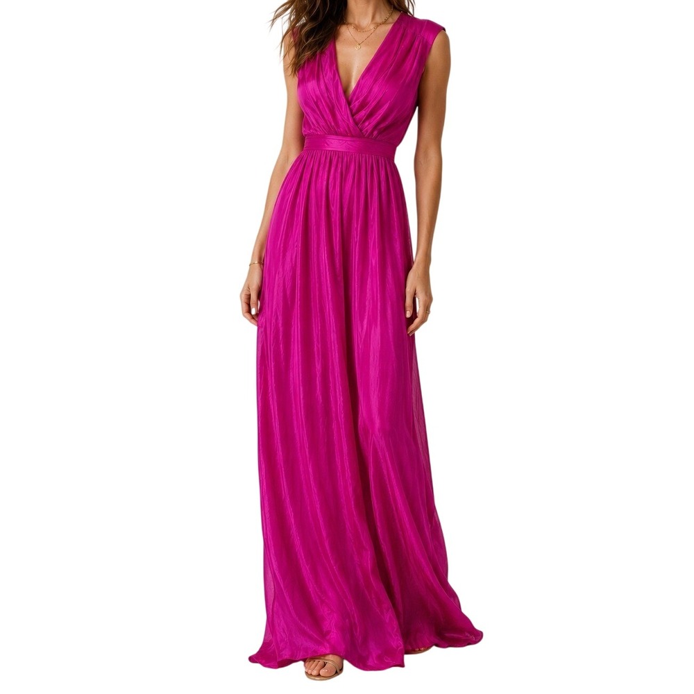 Badgley Mischka Collection Magenta Pink Silk V Neck Sleeveless Gown Women's‎ 2